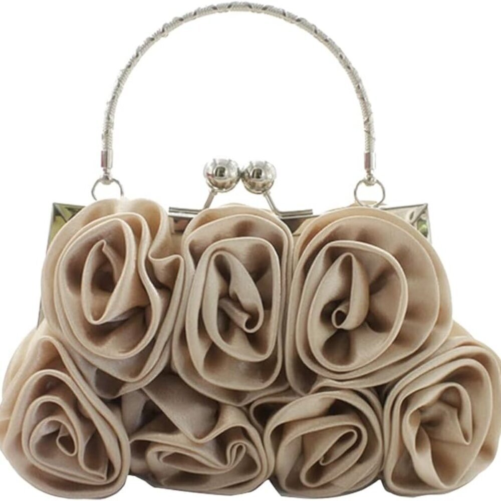 Women Satin Rose Shaped Evening Clutch Bag Small Shoulder Handbag